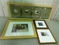 Framed photos and abstract art