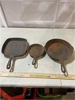 3 cast iron pans, square pan is a Griswold