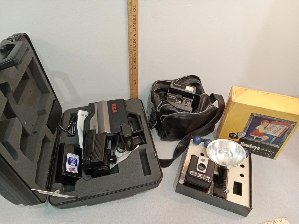 RCA VHS camcorder, Polaroid camera & Brownie