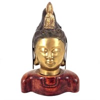 Buddha Bronze Head, Wooden Base