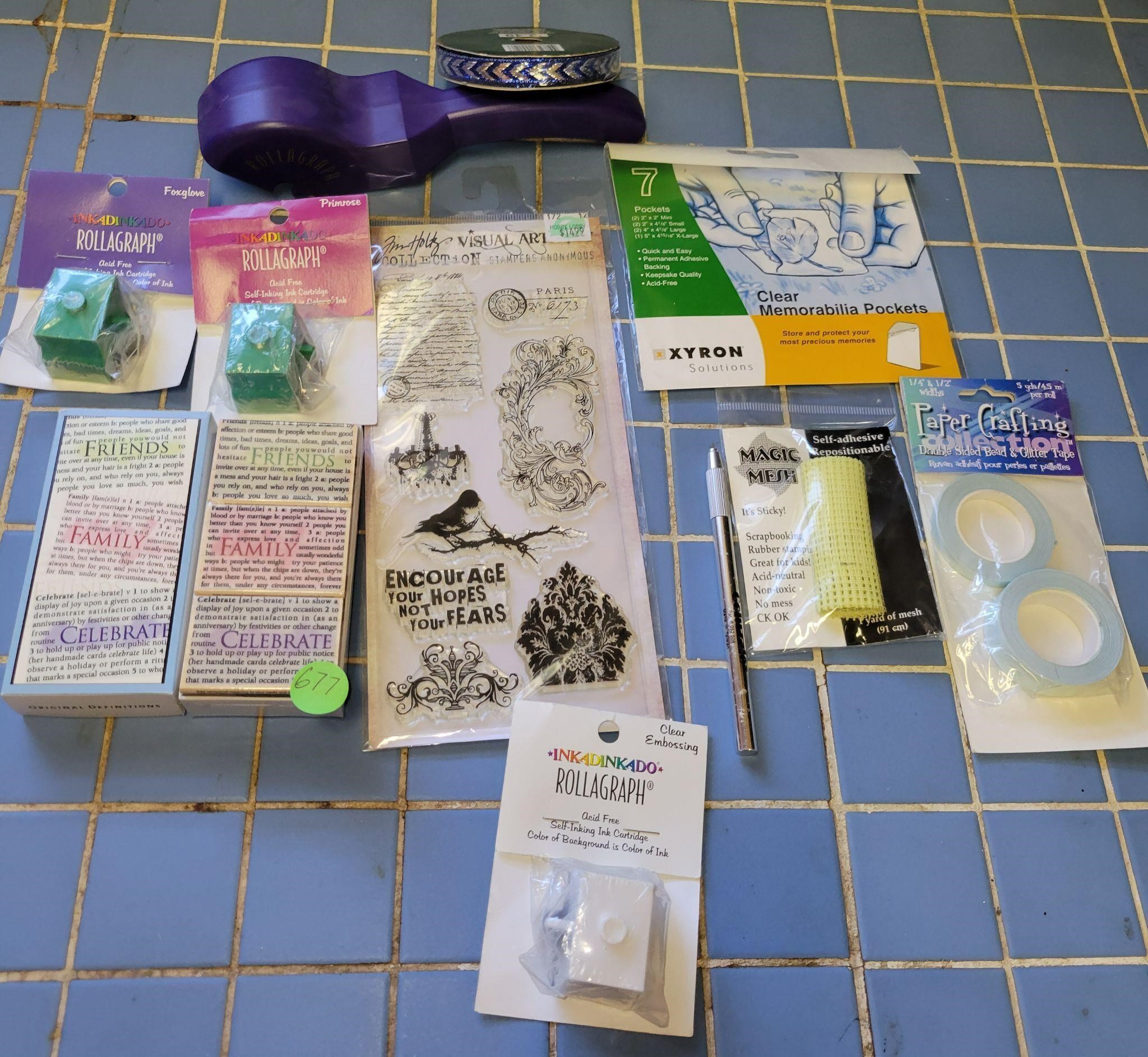 Stamps, Double sided Tape, Rollagraphs, Ribbon