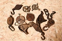 LOT OF ASSORTED PULLEYS & HOOKS