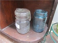 2 Pt. Canning Jars-1 Clear w/Glass Lid & 1 Blue