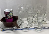Kitchen lot pie pan, wine glass, mug and strainer