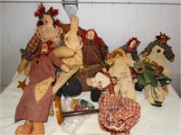 7+ Primitive country dolls & wood doll stand