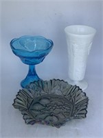 Indiana glass blue compote with grape design,