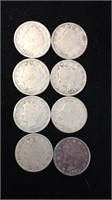 Set of eight US liberty Nickels different years