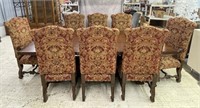 8 FT Dining Table with 8 Brocade Nail Head Chairs