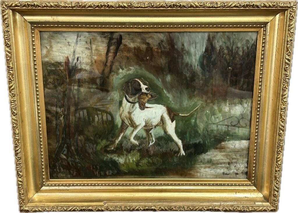 Reverse Painting On Glass Hunting Dog.