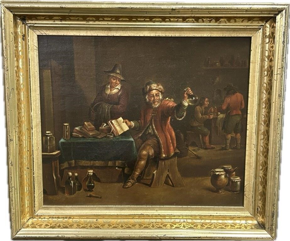 Antique Oil On Canvas Tavern Painting.