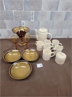 Tea kettle/cups set, bowls, glasses