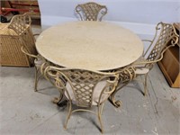 MARBLE TOP TABLE WROUGHT IRON BASE AND 4 CHAIRS