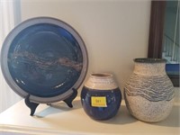 2 CRAFT MADE CERAMIC VASES AND 12" PLATE