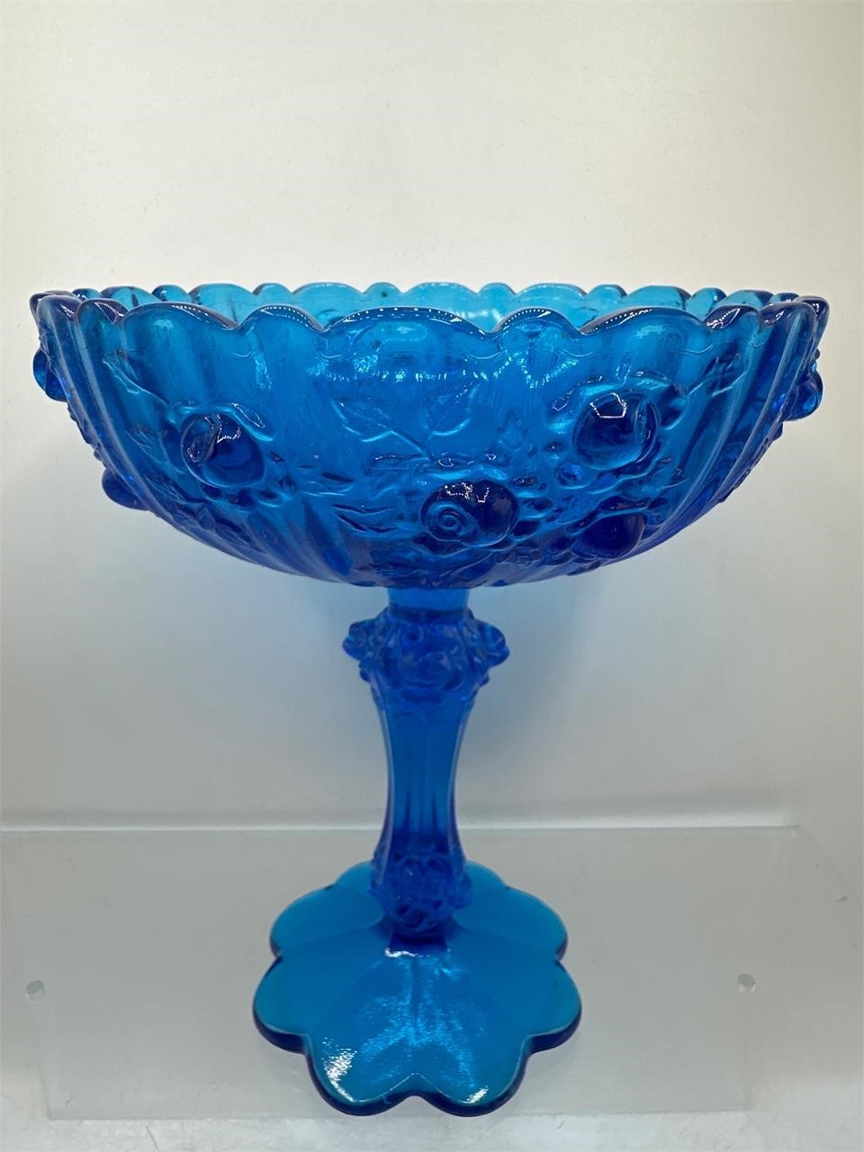 Fenton cabbage rose blue glass compote