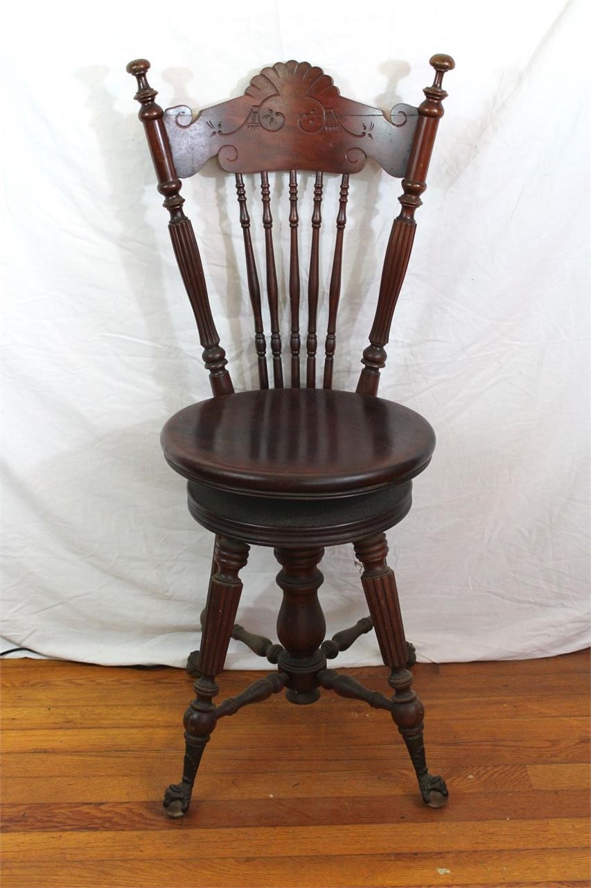 Antique Carved Spindle Piano Chair W/Claw Feet