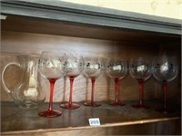 6 HAND PAINTED WINE GLASSES AND PITCHER