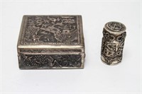 Asian Silver Square Box & Silverplate Cylinder Box