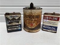 3 Vintage Motor Oil Cans.  One has some oil in