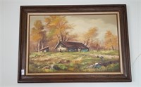 Large wood framed painting of barn and shed