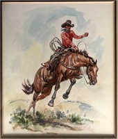Joe Beeler Watercolor, Cowboy on Bucking Horse