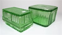Two depression green glass lidded containers
