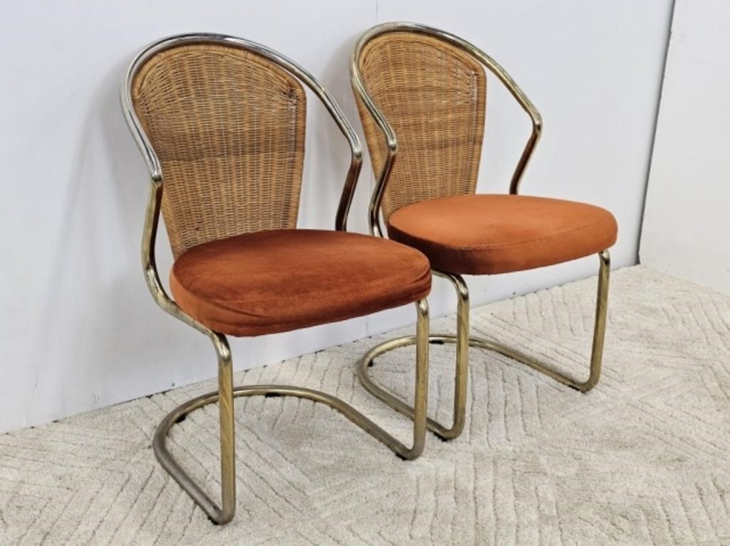 2 BRASS & WICKER CHAIRS- CANTILIVERED FRAMES