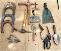 Assortment of Yard Tools and Horseshoes