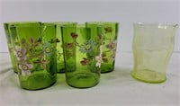 Set of 5 green glassware w/ floral pattern