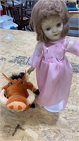 Vintage Bisque Doll with Stand, Stuffed Pumba