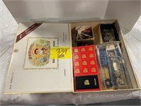 BOX OF AWARD PINS OF ALL KINDS, COSTUME JEWELRY