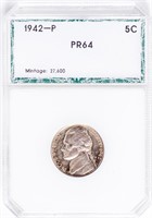 Coin 1942-P Jefferson Nickel PCI PR64   Rare!