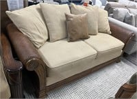 Modern Tan Upholstered with Wood Love seat