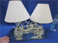 2 glass vanity lamps & large mirror tray