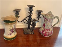 Silver plate candelabra & pitchers