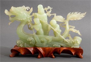 Chinese Shoulao Dragon Boat Green Stone Sculpture