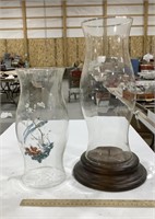 2 glass hurricane candle lamps-one w/base