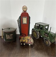 VERY  OLD SMALL DUMPTRUCK, GAS PUMP, TRACTOR AND