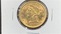GOLD: 1901-S $5 Gold Liberty Coin