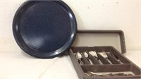 15" enamel platter with utensils and utensil