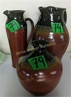 3 Signed Garnett Pottery. Vase, Pitchers