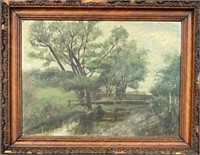 CHARMING 1908 COUNTRYSIDE PAINTING ON BOARD