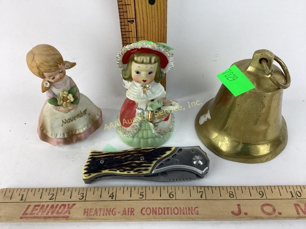 Porcelain figurines, pocket knife, brass bell