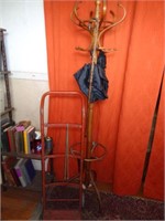 Wood Hall Tree, Hand Truck, Cane with Silver Hook