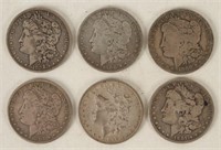 6 Morgan Silver Dollars 1892 - 1901