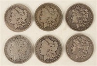 6 Morgan Silver Dollars 1882 - 1889