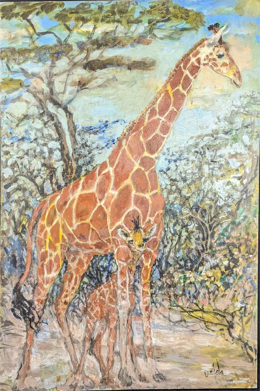 Original Acrylic On Canvas Giraffe Mother And Baby