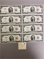 8 pcs $2.00 notes series 1963
