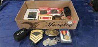 Tray Of Assorted Military Pins, Patches & More