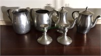 Six pieces of pewter, two teapots, two beverage