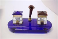 Aeroplane jelly prize- blue and red glass inkwell
